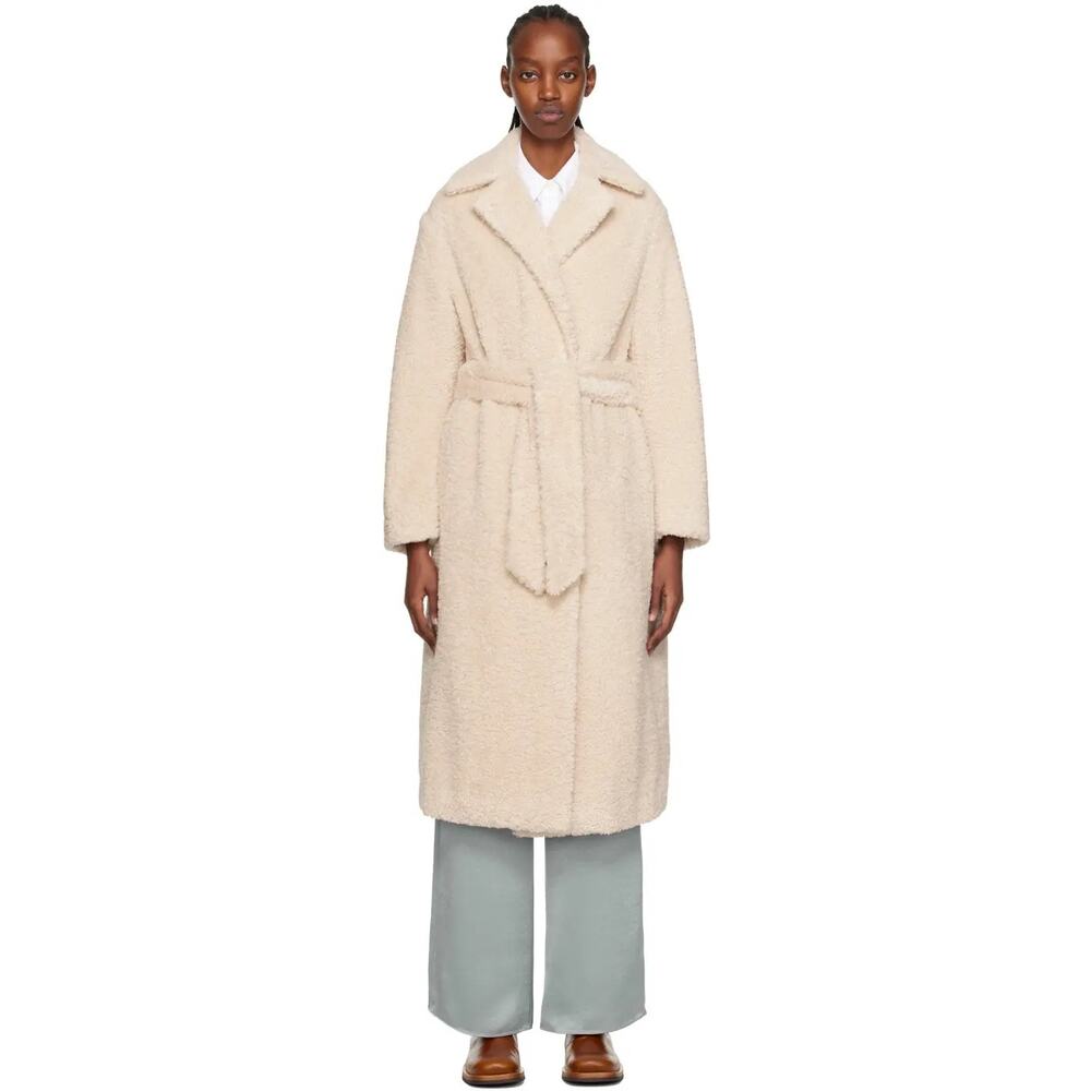 Vince Sand Beige Textured Faux‎ Fur Belted Coat Women’s Size Large NWT